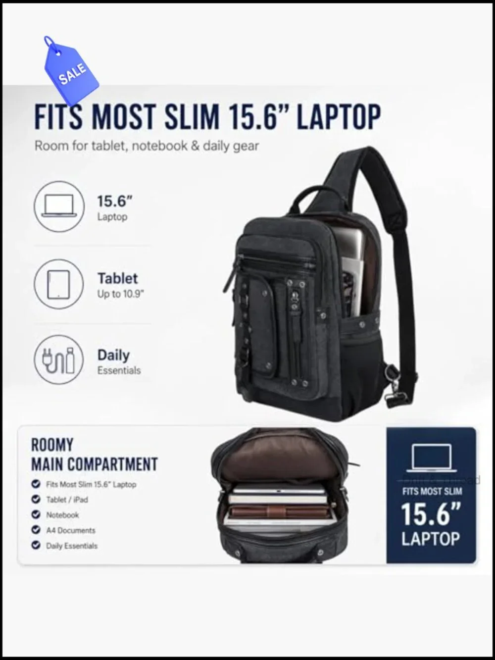 Large Canvas Sling Backpack Fits 15.6
